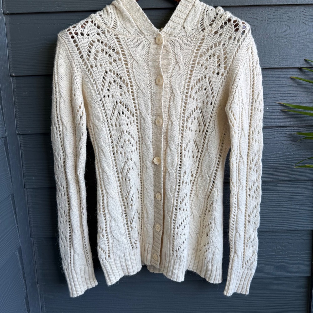Cream Hooded Cable Knit Cardigan Openwork Button Front Cottagecore Sweater S/M